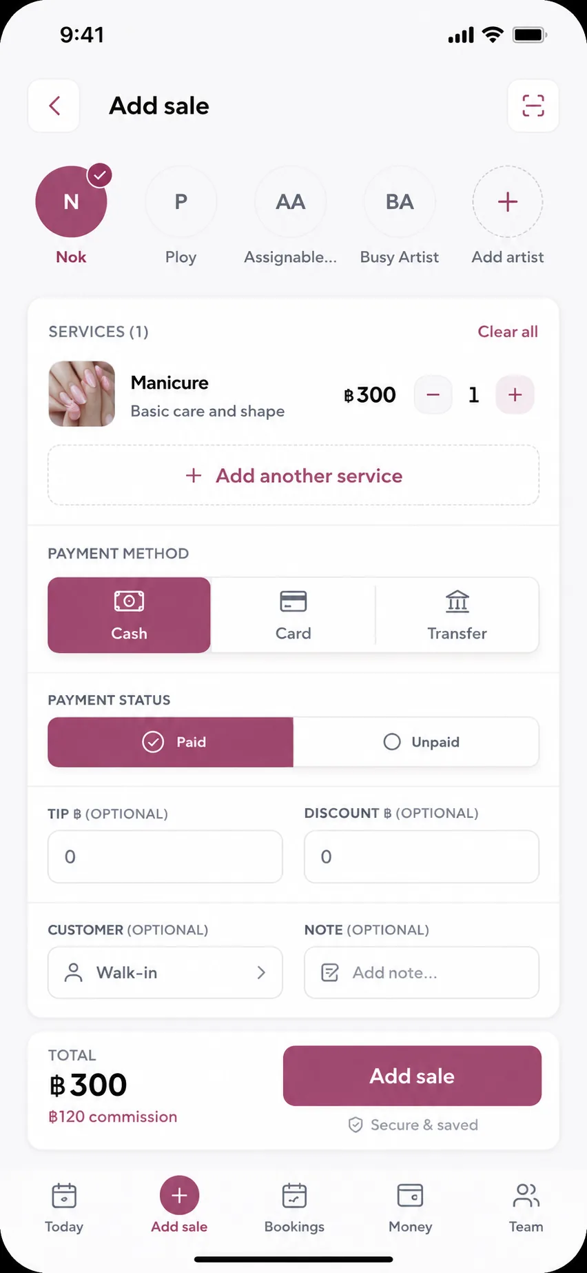Add sale mobile interface exploration showing a manicure, payment method and commission