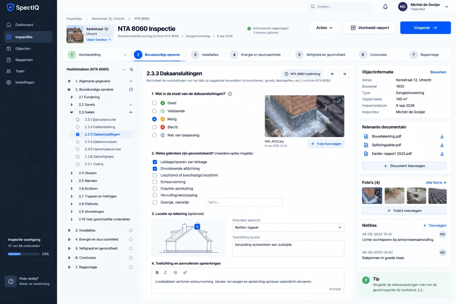 SpectIQ inspection interface concept for the roof connections section